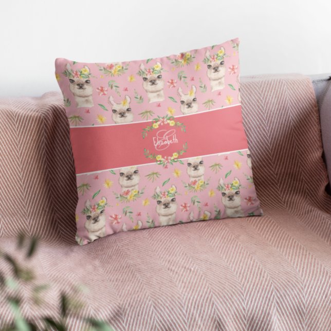 Cute Pink Llama Pattern for Little Girls Cotton Throw Pillow (Creator Uploaded)