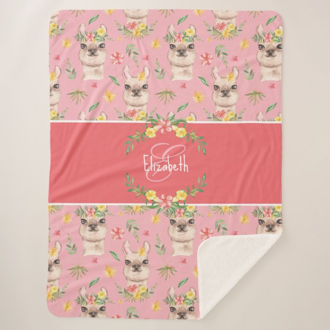 Cute Pink Llama Pattern for Little Girls Sherpa Blanket (Front)