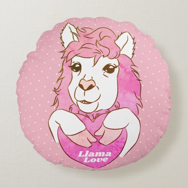 Cute Pink Llama Sketch & Polka Dots Llama Love Round Pillow (Front)