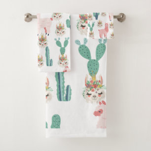 Cute Pink Llama's and Green Cactus Bath Towel Set