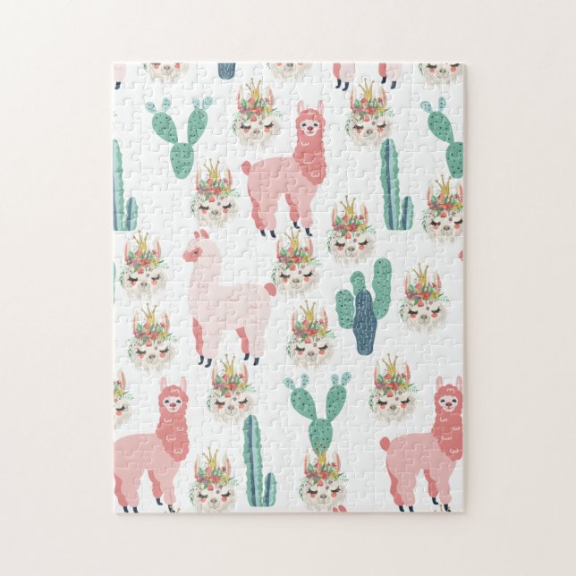 Cute Pink Llama's and Green Cactus Jigsaw Puzzle (Vertical)