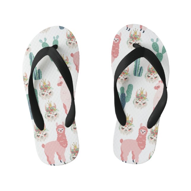 Cute Pink Llama's and Green Cactus Kid's Flip Flops (Footbed)
