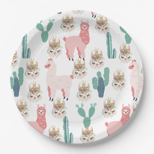 Cute Pink Llama's and Green Cactus Paper Plate (Front)
