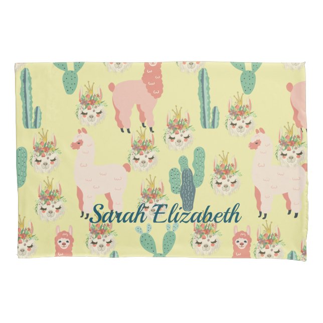 Cute Pink llama's and green cactus Personalized Pillowcase (Front)