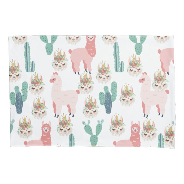 Cute Pink Llama's and Green Cactus Pillowcase (Front)