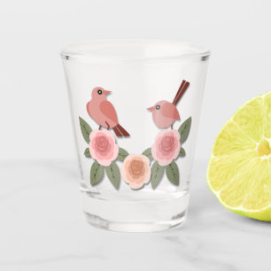 Cute Pink Love Birds and Flowering Roses Shot Glass