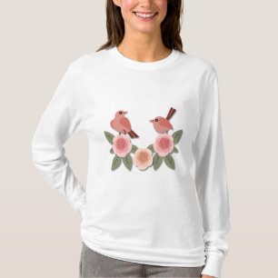 Cute Pink Love Birds and Flowering Roses T-Shirt