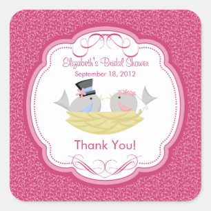 Cute Pink Love Birds Bridal Shower Square Sticker! Sticker