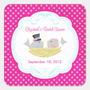 Cute Pink Love Birds Bridal Shower Square Sticker! Sticker