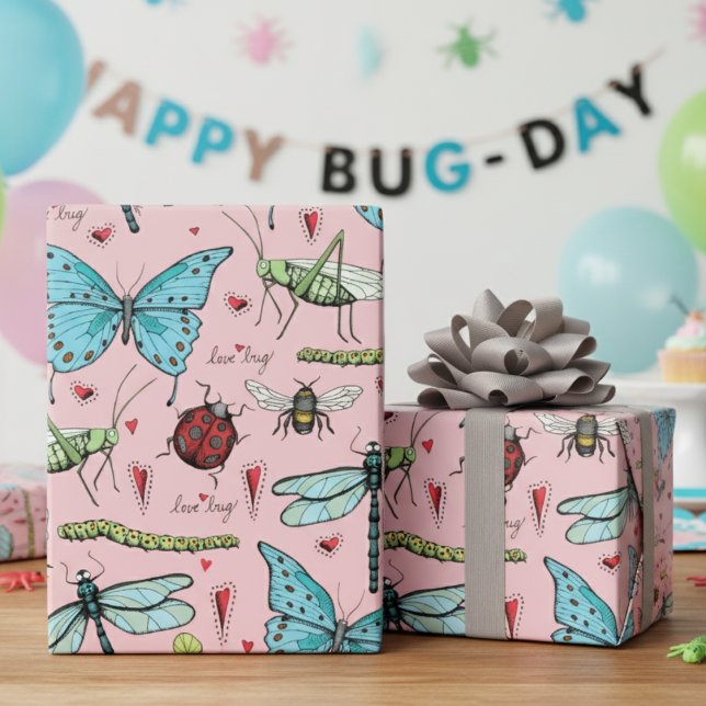 Cute Pink Love Bug Insects for Bug Lovers  Wrapping Paper (Cute Bugs Insects Wrapping Paper for Kids in Pink. Butterflies, Dragonflies, Ladybugs, Bees, Worms)