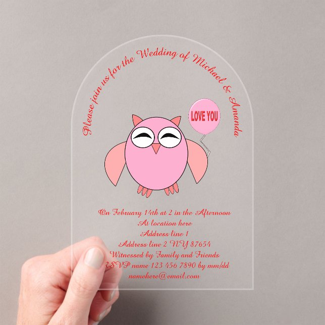 Cute Pink Love You Owl Custom Wedding Acrylic Invitations (Insitu (Handheld))