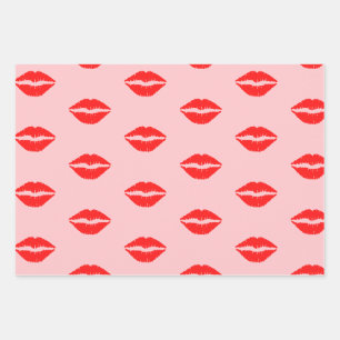Cute Pink Luscious Red Lips Lipstick Pattern  Wrapping Paper Sheet