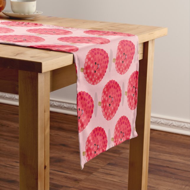 Cute pink lychee cartoon illustration short table runner (In Situ)