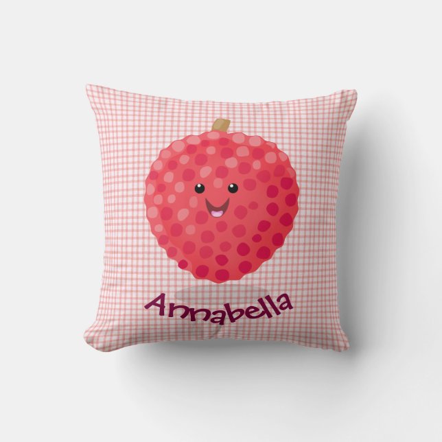 Cute pink lychee cartoon illustration throw pillow (Front)