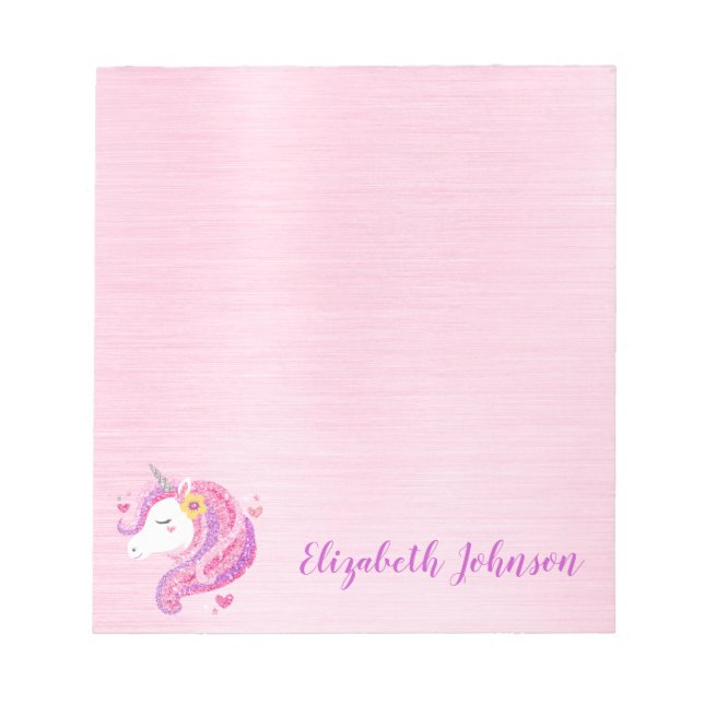 Cute Pink Magical Glitter Unicorn Face  Notepad (Front)