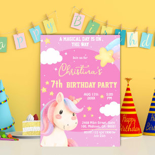 Cute pink magical modern unicorn star 7th birthday invitation