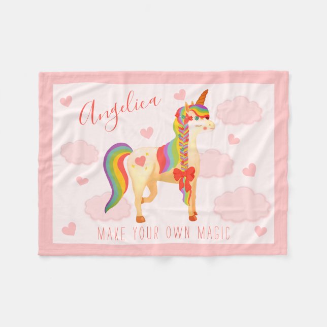 Cute Pink Magical Rainbow Unicorn in Clouds Fleece Blanket (Front (Horizontal))