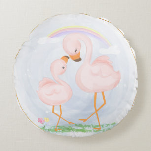 CUTE PINK MAMA AND BABY FLAMINGOS ROUND PILLOW