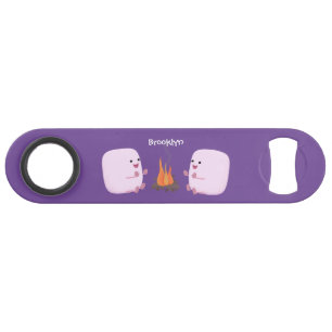 Cute pink marshmallows by camp fire cartoon bar key