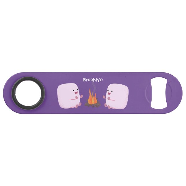 Cute pink marshmallows by camp fire cartoon bar key (Front (Horizontal))