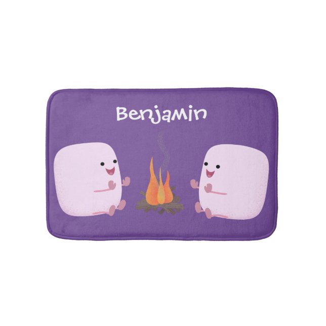 Cute pink marshmallows by camp fire cartoon bath mat (Front)