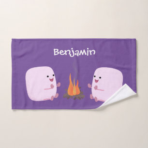 Cute pink marshmallows by camp fire cartoon bath towel set