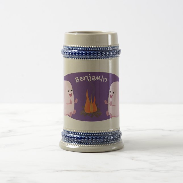 Cute pink marshmallows by camp fire cartoon beer stein (Center)