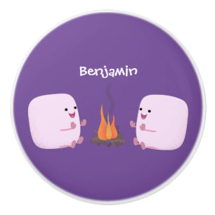 Cute pink marshmallows by camp fire cartoon ceramic knob