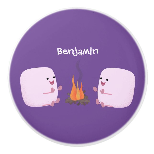 Cute pink marshmallows by camp fire cartoon ceramic knob (Front)