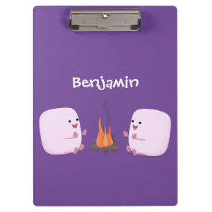 Cute pink marshmallows by camp fire cartoon clipboard