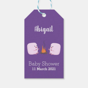 Cute pink marshmallows by camp fire cartoon gift tags