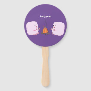 Cute pink marshmallows by camp fire cartoon hand fan