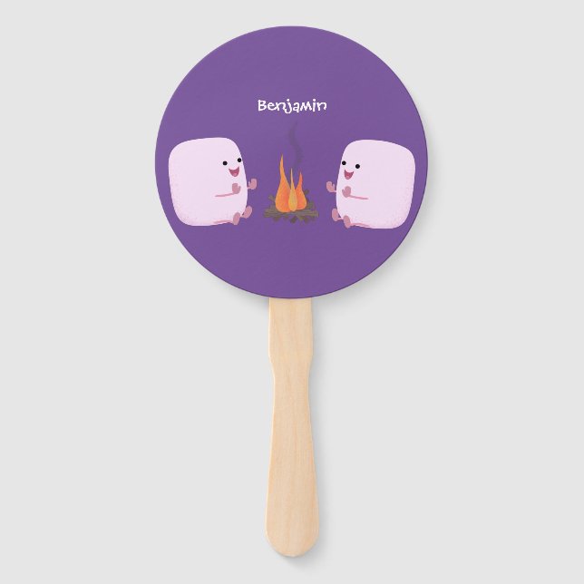 Cute pink marshmallows by camp fire cartoon hand fan (Front)