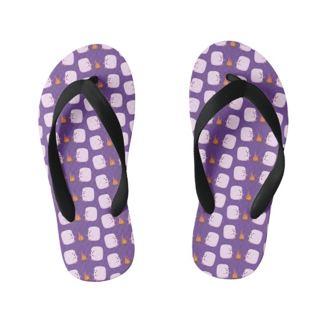 Cute pink marshmallows by camp fire cartoon kid's flip flops (Footbed)