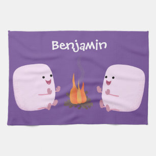 Cute pink marshmallows by camp fire cartoon kitchen towel