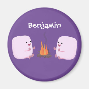 Cute pink marshmallows by camp fire cartoon magnet