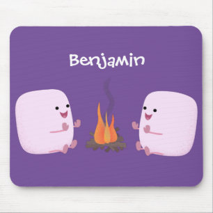Cute pink marshmallows by camp fire cartoon mouse pad