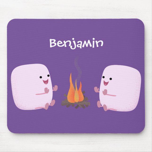 Cute pink marshmallows by camp fire cartoon mouse pad (Front)
