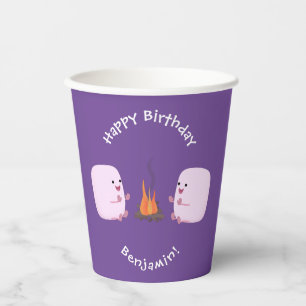 Cute pink marshmallows by camp fire cartoon paper cups