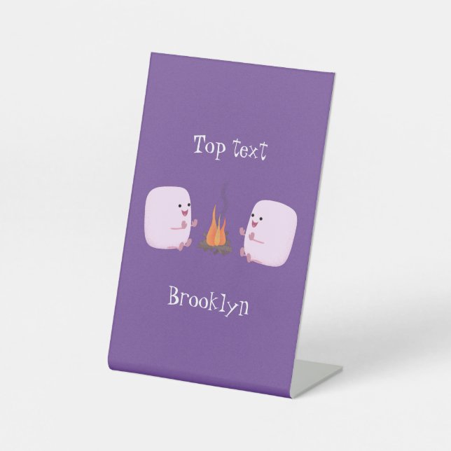 Cute pink marshmallows by camp fire cartoon pedestal sign (Front)