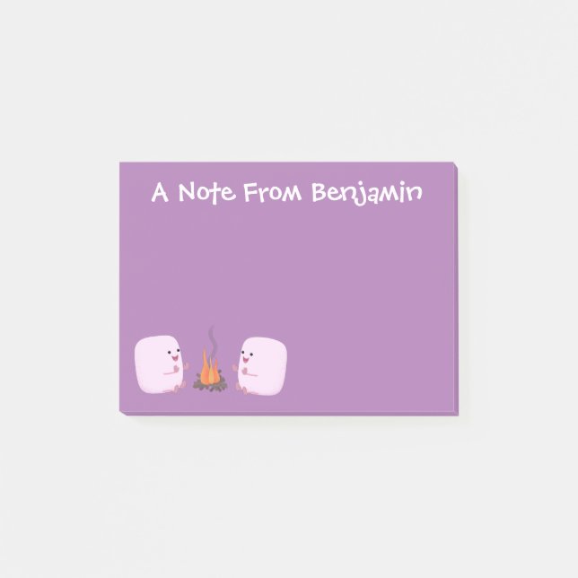 Cute pink marshmallows by camp fire cartoon post-it notes (Front)