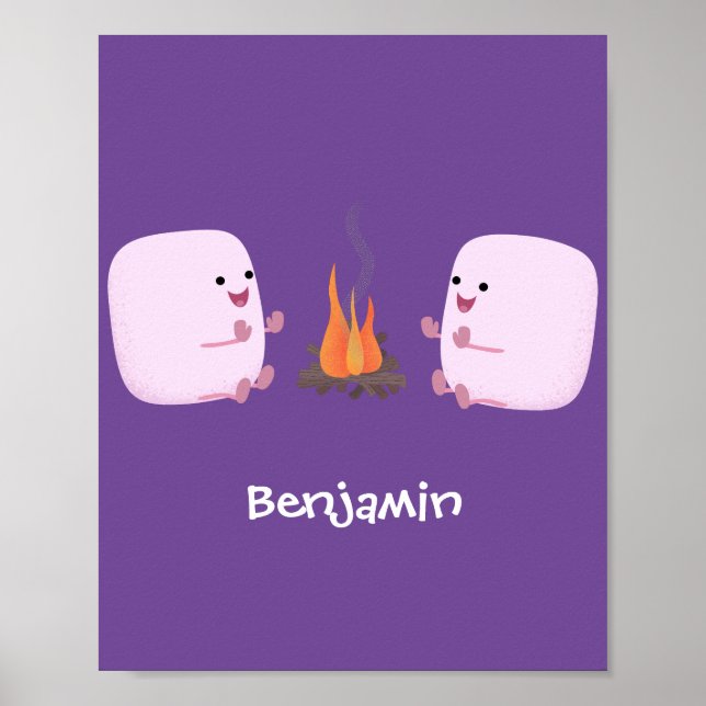 Cute pink marshmallows by camp fire cartoon poster (Front)