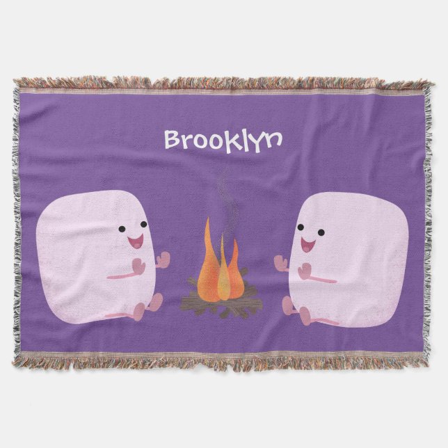 Cute pink marshmallows by camp fire cartoon throw blanket (Front)