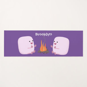 Cute pink marshmallows by camp fire cartoon yoga mat
