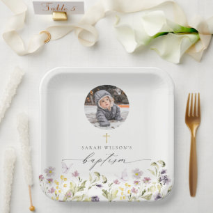Cute Pink Meadow Floral Butterfly Photo Baptism Paper Plate