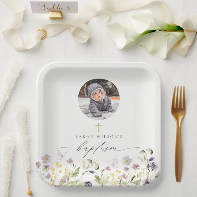 Cute Pink Meadow Floral Butterfly Photo Baptism Paper Plate (Wedding)
