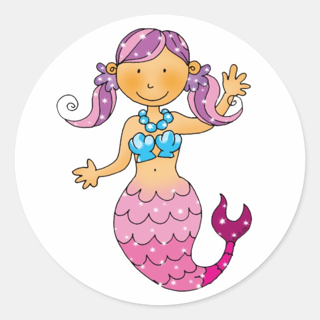 Cute pink mermaid classic round sticker (Front)