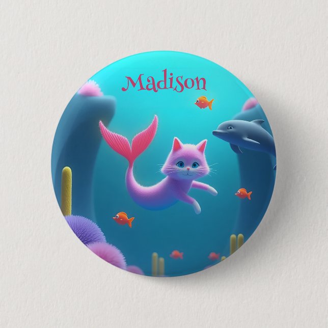 Cute Pink Mermaid Kitten 2 Inch Round Button (Front)