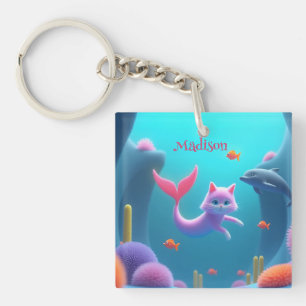 Cute Pink Mermaid Kitten Keychain