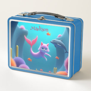 Cute Pink Mermaid Kitten Metal Lunch Box